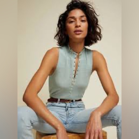 Nation LTD Sleeveless sage Pima cotton Posey High Neck Snap Tank Blouse - Picture 1 of 7